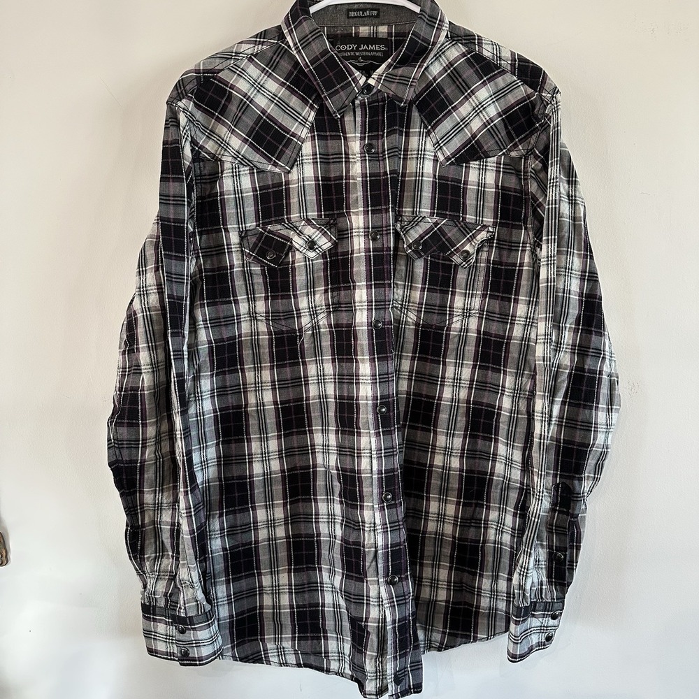 Men's Cody James Western Long Sleeve Plaid Purple Black Shirt Large Pearl Snap